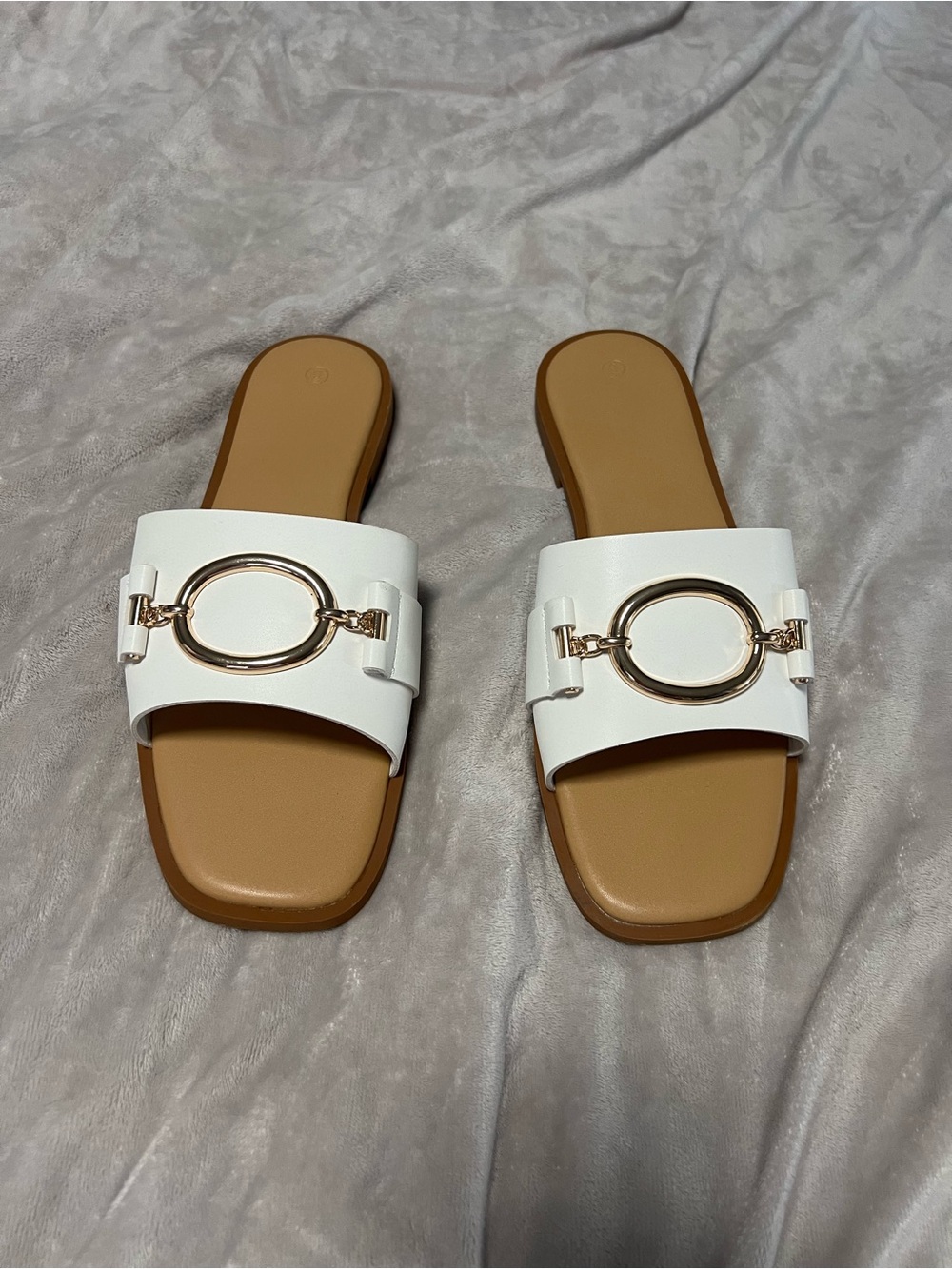 White Slide Sandals with Gold Accent - Women's Casual Slides